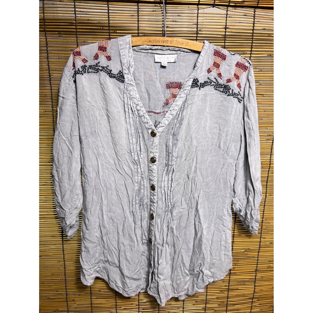 Solitaire Ravi Khosla Gray Embroidered Button Down Pleated Boho Top Size Medium